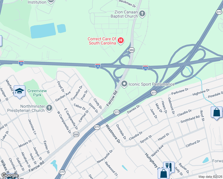 map of restaurants, bars, coffee shops, grocery stores, and more near 7229 Farrow Road in Columbia