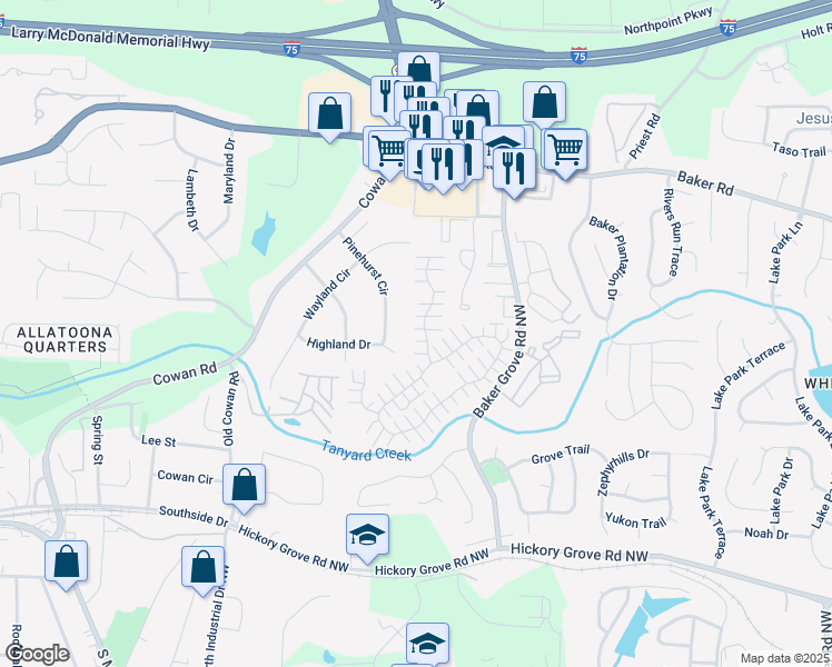 map of restaurants, bars, coffee shops, grocery stores, and more near 172 Windcroft Lane Northwest in Acworth