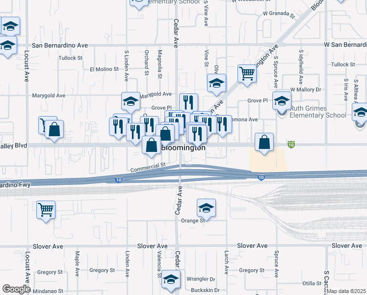 map of restaurants, bars, coffee shops, grocery stores, and more near 17455 Marygold Avenue in Bloomington