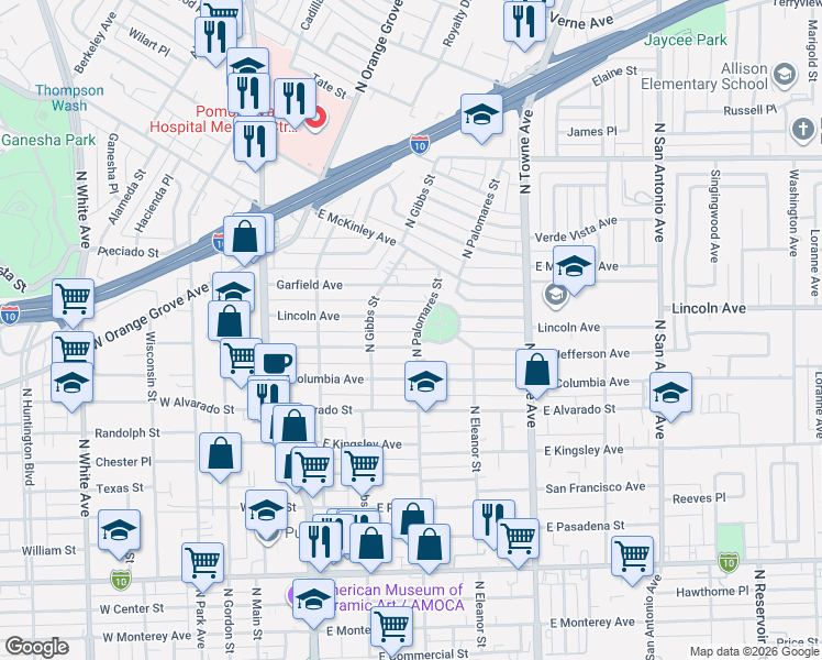 map of restaurants, bars, coffee shops, grocery stores, and more near 1251 North Palomares Street in Pomona