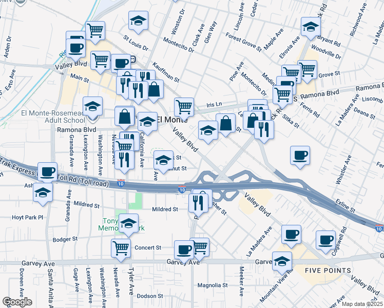 map of restaurants, bars, coffee shops, grocery stores, and more near in El Monte