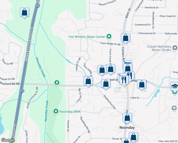 map of restaurants, bars, coffee shops, grocery stores, and more near 750 Farm Hill Court Northeast in Woodstock