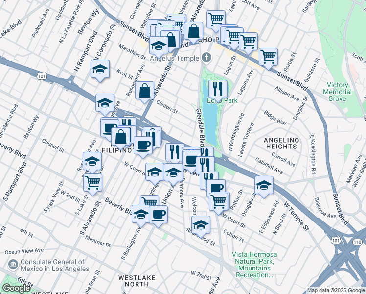 map of restaurants, bars, coffee shops, grocery stores, and more near Hollywood Freeway in Los Angeles