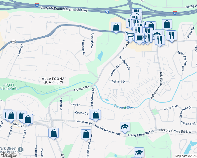 map of restaurants, bars, coffee shops, grocery stores, and more near Cowan Road in Acworth