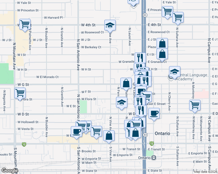 map of restaurants, bars, coffee shops, grocery stores, and more near 629 North Vine Avenue in Ontario