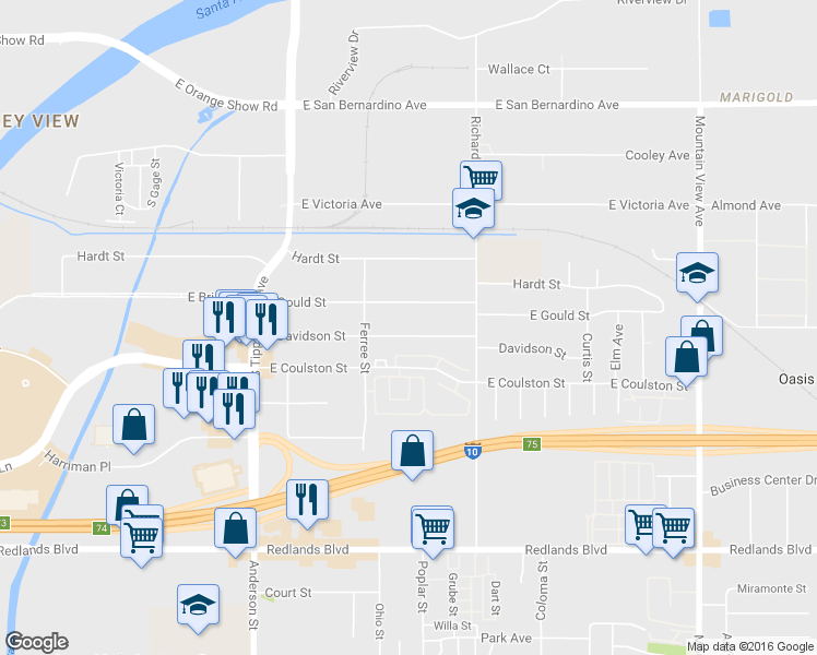 map of restaurants, bars, coffee shops, grocery stores, and more near 1461 Gould Street in San Bernardino