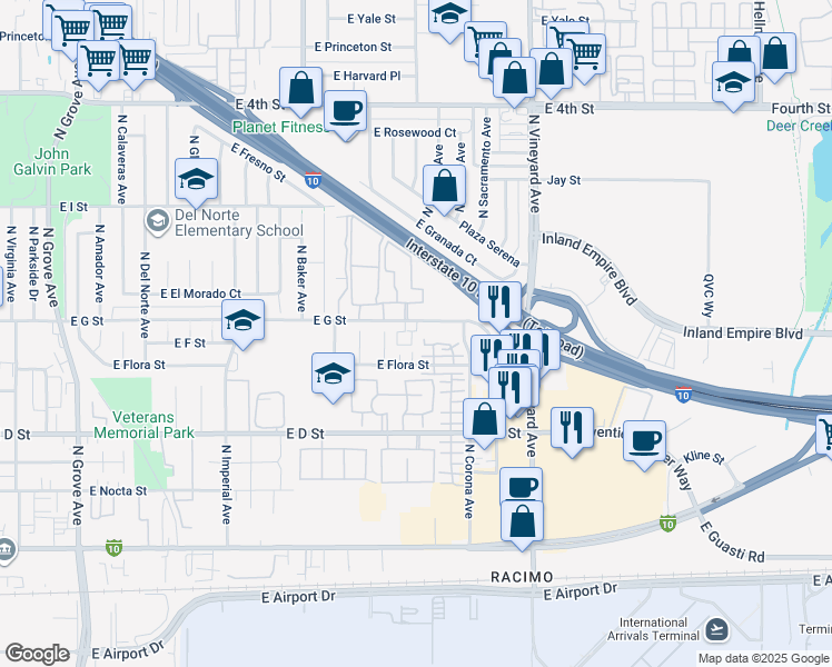 map of restaurants, bars, coffee shops, grocery stores, and more near 1801 East G Street in Ontario