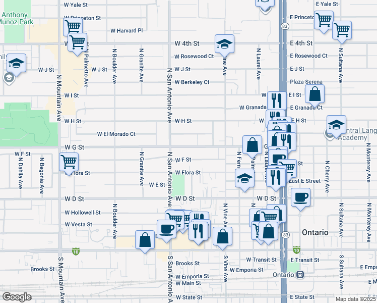 map of restaurants, bars, coffee shops, grocery stores, and more near 608 West G Street in Ontario