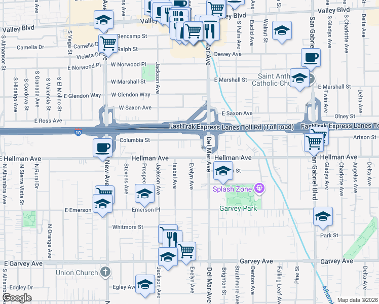 map of restaurants, bars, coffee shops, grocery stores, and more near 7737 Hellman Avenue in Rosemead