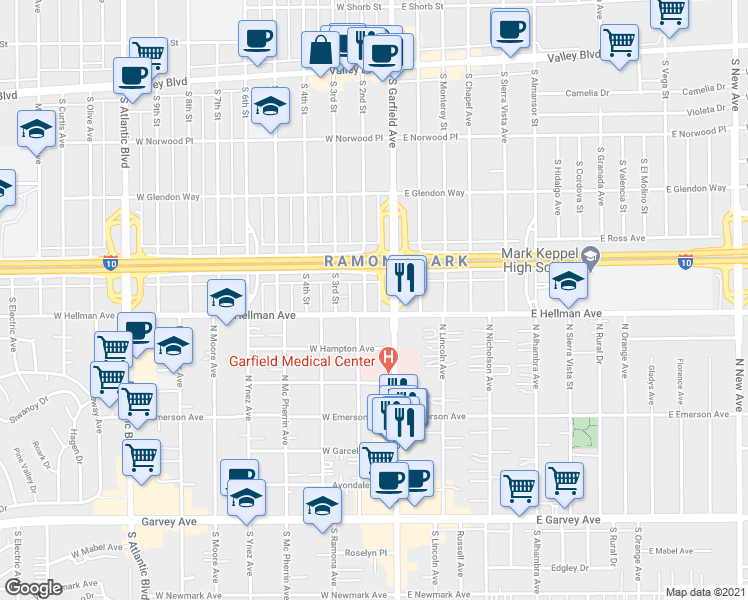 map of restaurants, bars, coffee shops, grocery stores, and more near 20 West Ramona Road in Alhambra