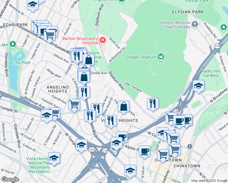 map of restaurants, bars, coffee shops, grocery stores, and more near 1040 White Knoll Drive in Los Angeles