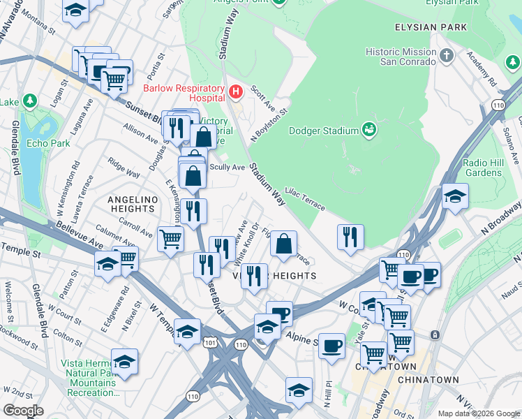 map of restaurants, bars, coffee shops, grocery stores, and more near 1040 White Knoll Drive in Los Angeles