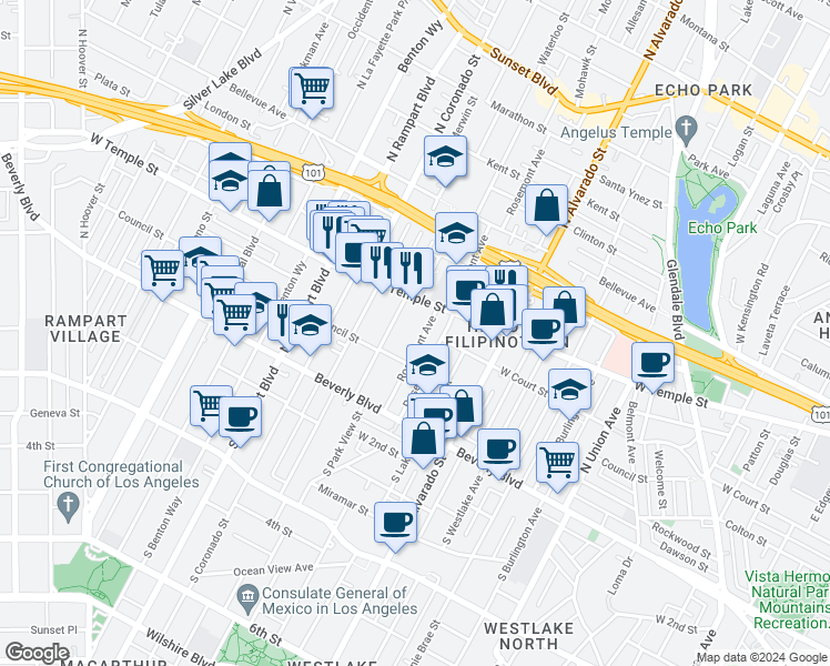 map of restaurants, bars, coffee shops, grocery stores, and more near 248 North Park View Street in Los Angeles