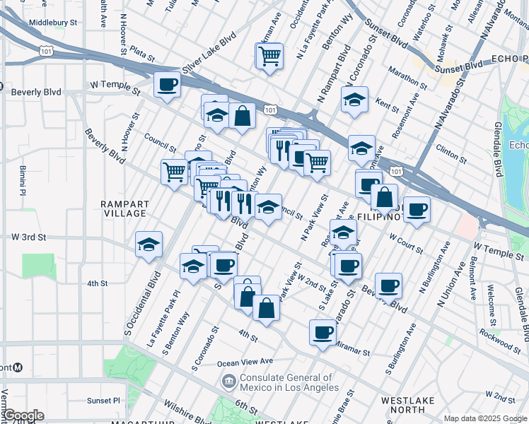 map of restaurants, bars, coffee shops, grocery stores, and more near 152 North Benton Way in Los Angeles