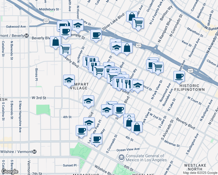 map of restaurants, bars, coffee shops, grocery stores, and more near in Los Angeles