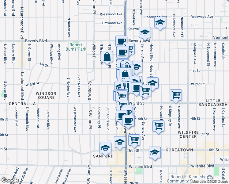 map of restaurants, bars, coffee shops, grocery stores, and more near 4454 West 2nd Street in Los Angeles