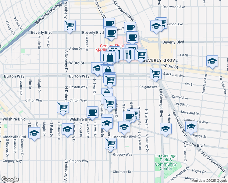 map of restaurants, bars, coffee shops, grocery stores, and more near 435 Arnaz Drive in Los Angeles