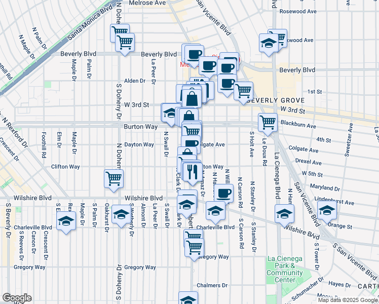 map of restaurants, bars, coffee shops, grocery stores, and more near in Beverly Hills