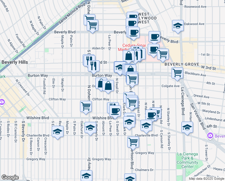 map of restaurants, bars, coffee shops, grocery stores, and more near 303 North Swall Drive in Beverly Hills