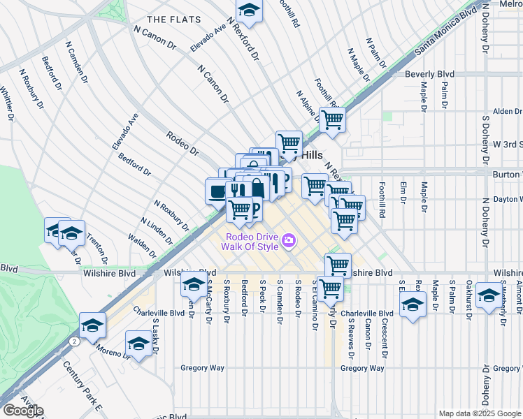 map of restaurants, bars, coffee shops, grocery stores, and more near 9495 South Santa Monica Boulevard in Beverly Hills