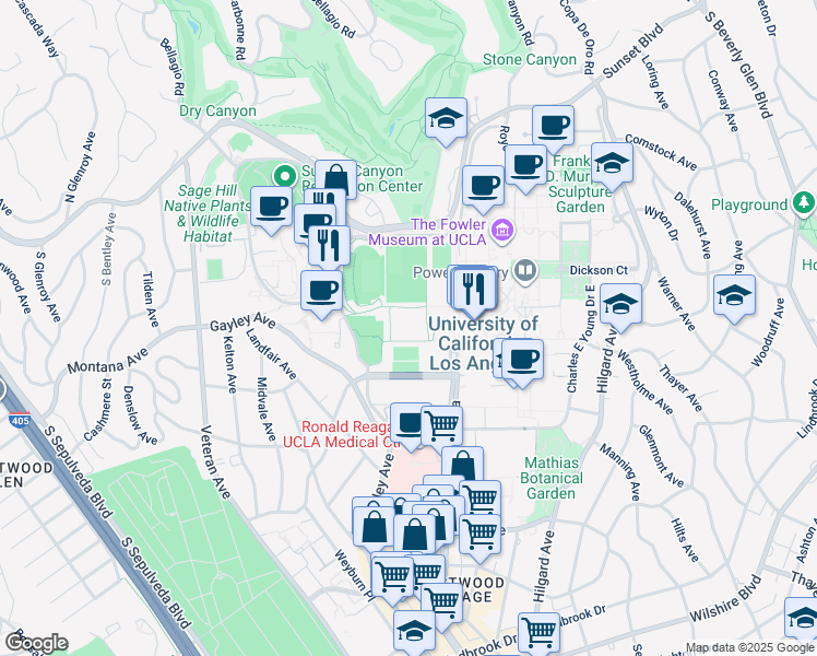 map of restaurants, bars, coffee shops, grocery stores, and more near 301 Westwood Plaza in Los Angeles
