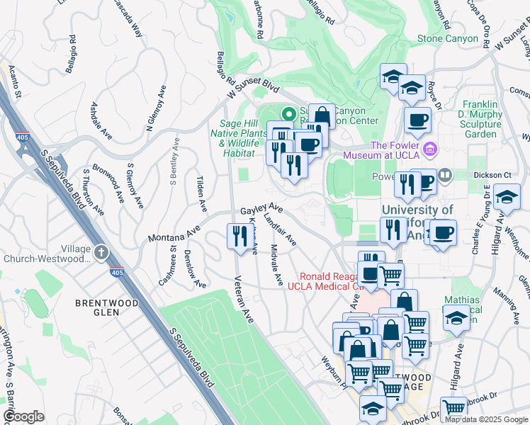map of restaurants, bars, coffee shops, grocery stores, and more near 325 De Neve Drive in Los Angeles