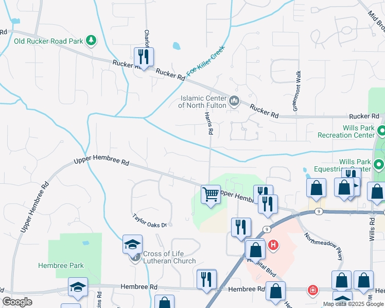 map of restaurants, bars, coffee shops, grocery stores, and more near 530 Birch Ridge Court in Roswell
