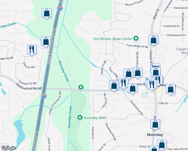 map of restaurants, bars, coffee shops, grocery stores, and more near 4857 Helga Way Northeast in Woodstock