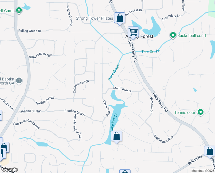 map of restaurants, bars, coffee shops, grocery stores, and more near 632 Mistflower Drive in Acworth