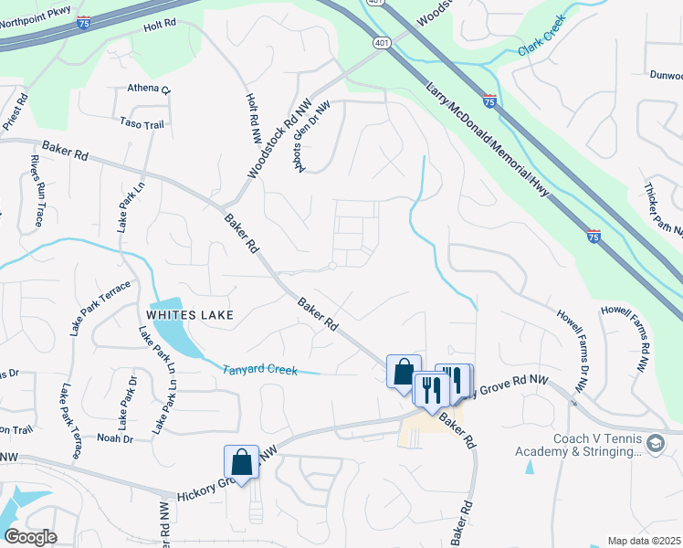 map of restaurants, bars, coffee shops, grocery stores, and more near 2402 Bayberry Street in Acworth