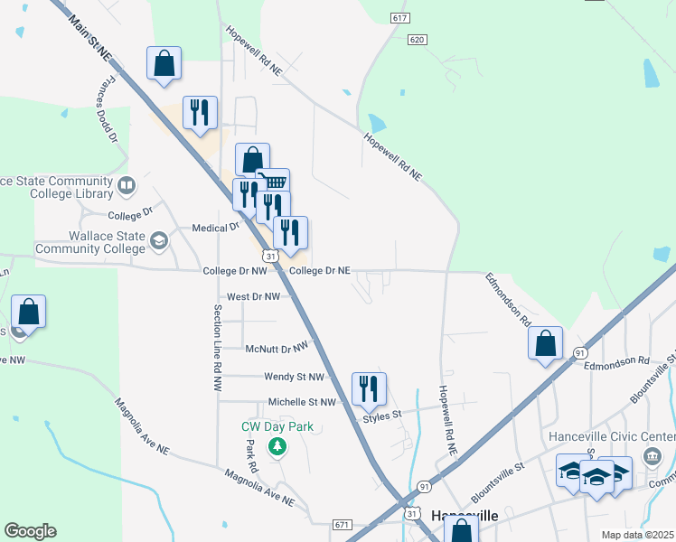 map of restaurants, bars, coffee shops, grocery stores, and more near 315 College Drive Northeast in Hanceville