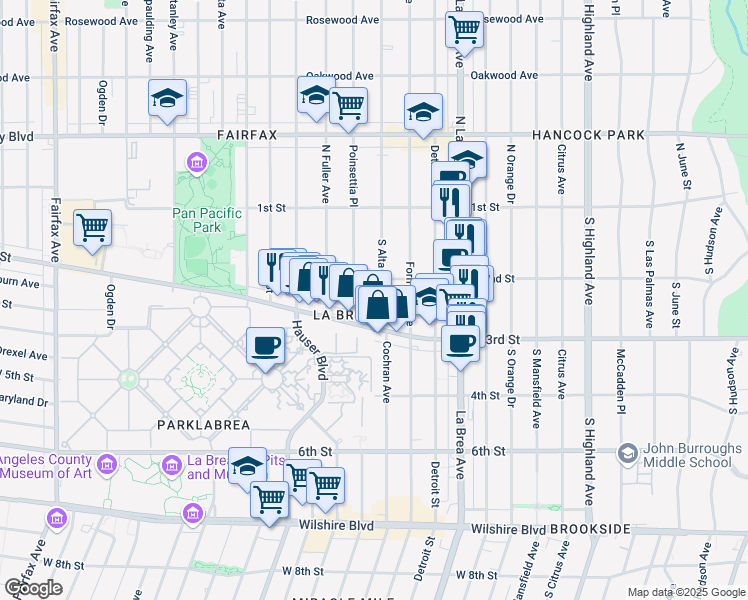 map of restaurants, bars, coffee shops, grocery stores, and more near 223 South Alta Vista Boulevard in Los Angeles