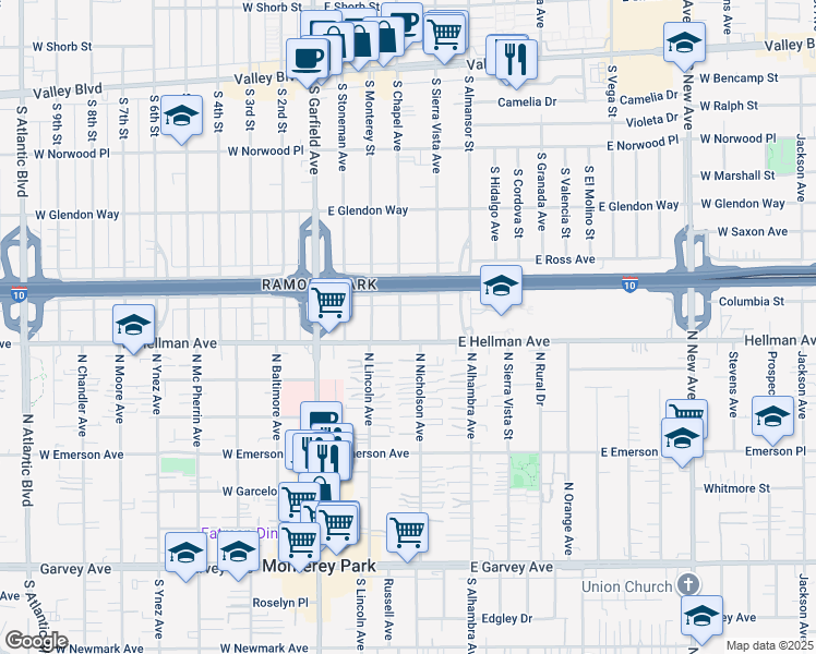 map of restaurants, bars, coffee shops, grocery stores, and more near 308 East Ramona Road in Alhambra