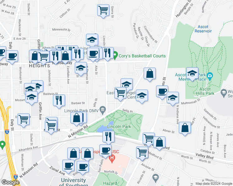map of restaurants, bars, coffee shops, grocery stores, and more near 2136 Keith Street in Los Angeles