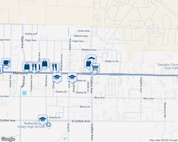 map of restaurants, bars, coffee shops, grocery stores, and more near 2097 Mentone Boulevard in Mentone