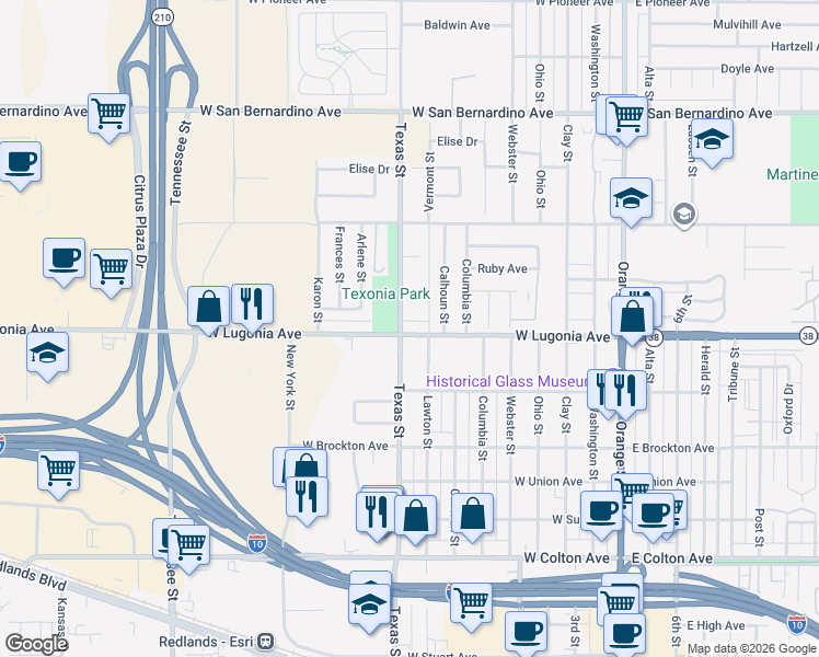 map of restaurants, bars, coffee shops, grocery stores, and more near 716 West Lugonia Avenue in Redlands