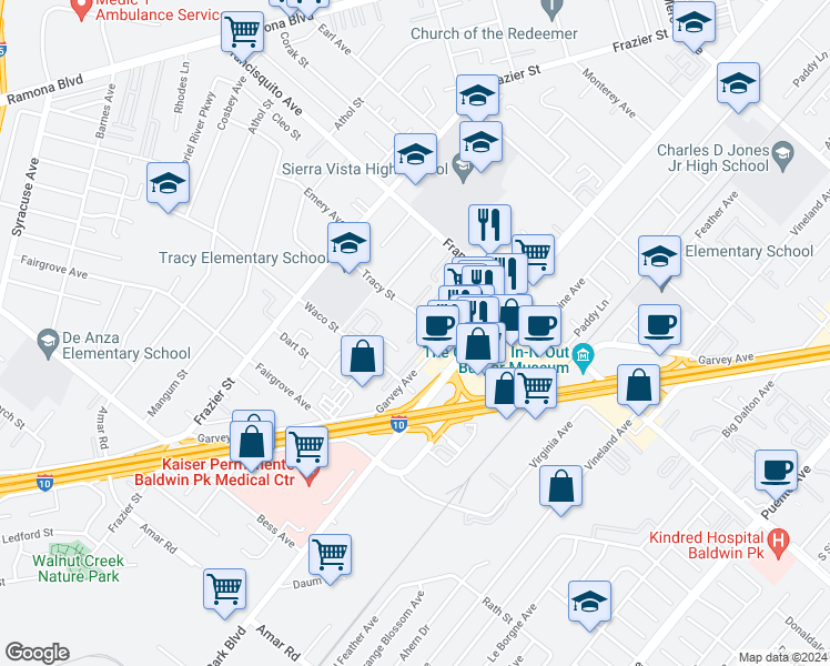 map of restaurants, bars, coffee shops, grocery stores, and more near 13502 Tracy Street in Baldwin Park