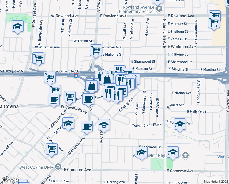 map of restaurants, bars, coffee shops, grocery stores, and more near 1200 Lakes Drive in West Covina