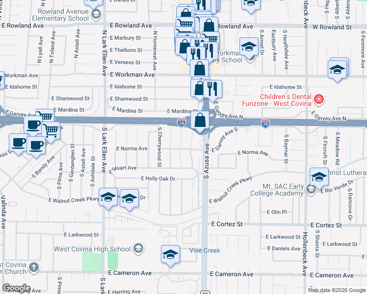 map of restaurants, bars, coffee shops, grocery stores, and more near 121 South Homerest Avenue in West Covina