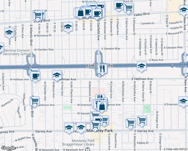 map of restaurants, bars, coffee shops, grocery stores, and more near 2028 South 2nd Street in Alhambra