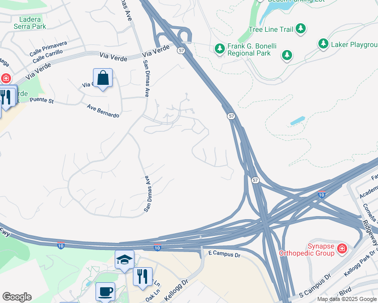 map of restaurants, bars, coffee shops, grocery stores, and more near 416 Calle Canela in San Dimas