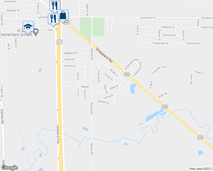 map of restaurants, bars, coffee shops, grocery stores, and more near 1111 Ruby Road in Burkburnett