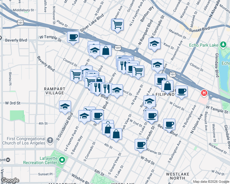 map of restaurants, bars, coffee shops, grocery stores, and more near 136 North Rampart Boulevard in Los Angeles