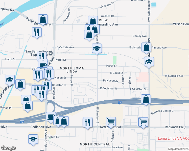 map of restaurants, bars, coffee shops, grocery stores, and more near 1584 East Davidson Street in San Bernardino
