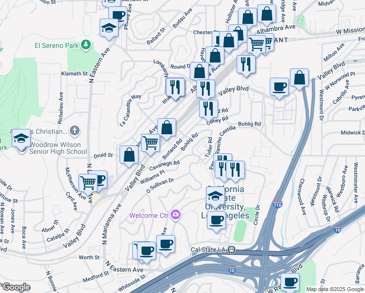 map of restaurants, bars, coffee shops, grocery stores, and more near 5117 Bohlig Road in Los Angeles
