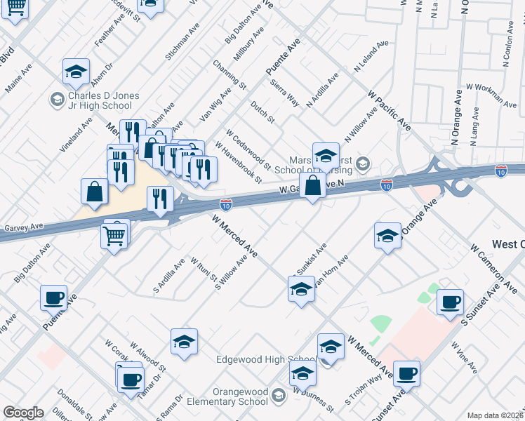 map of restaurants, bars, coffee shops, grocery stores, and more near 2223 West Mossberg Avenue in West Covina