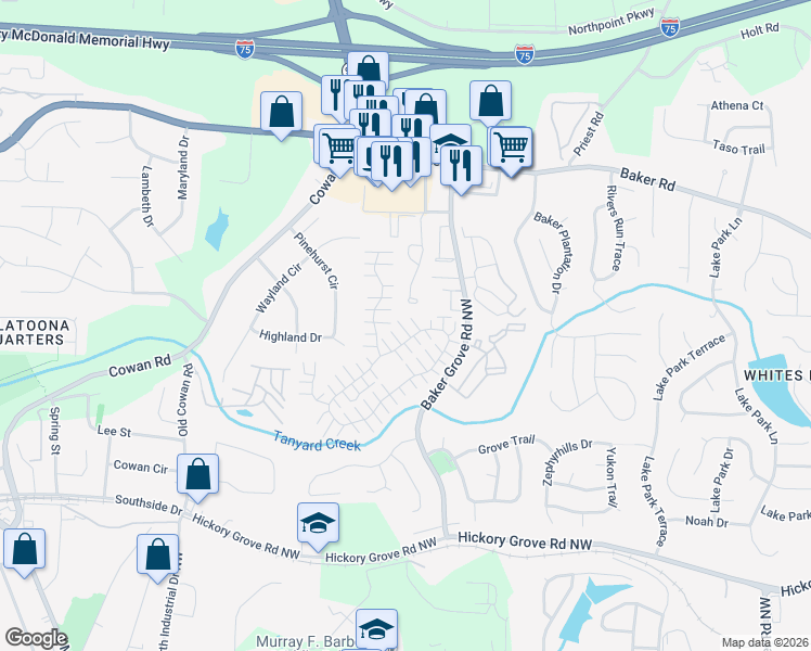 map of restaurants, bars, coffee shops, grocery stores, and more near 832 Windcroft Circle Northwest in Acworth
