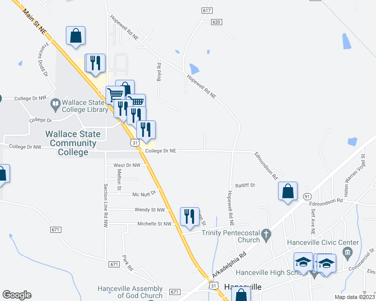 map of restaurants, bars, coffee shops, grocery stores, and more near 2143 College Drive Northeast in Hanceville