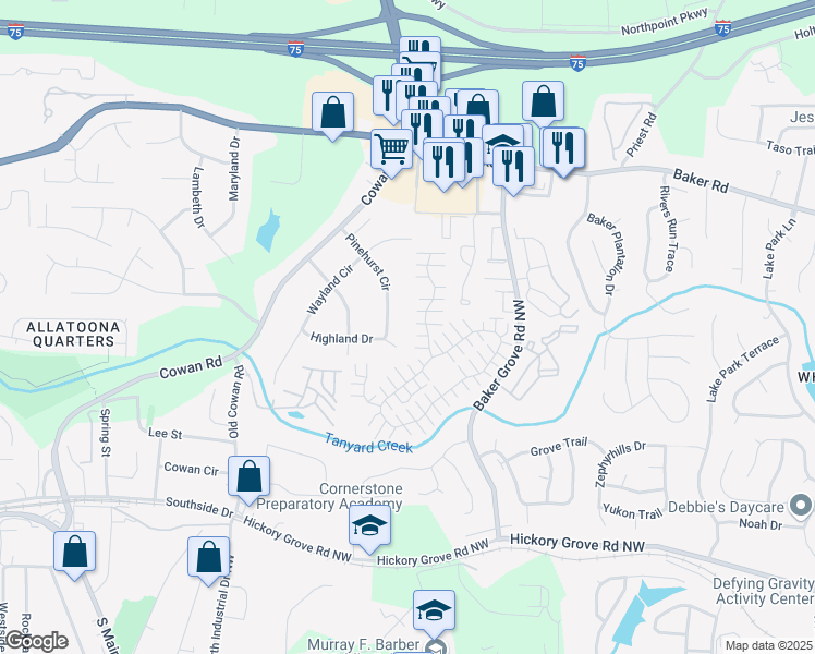 map of restaurants, bars, coffee shops, grocery stores, and more near 4762 Pinehurst Circle in Acworth