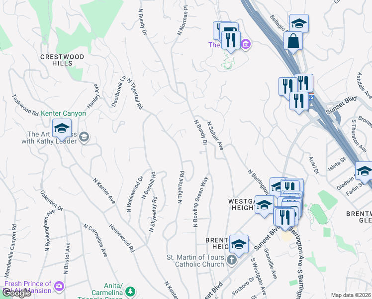 map of restaurants, bars, coffee shops, grocery stores, and more near 560 North Tigertail Road in Los Angeles
